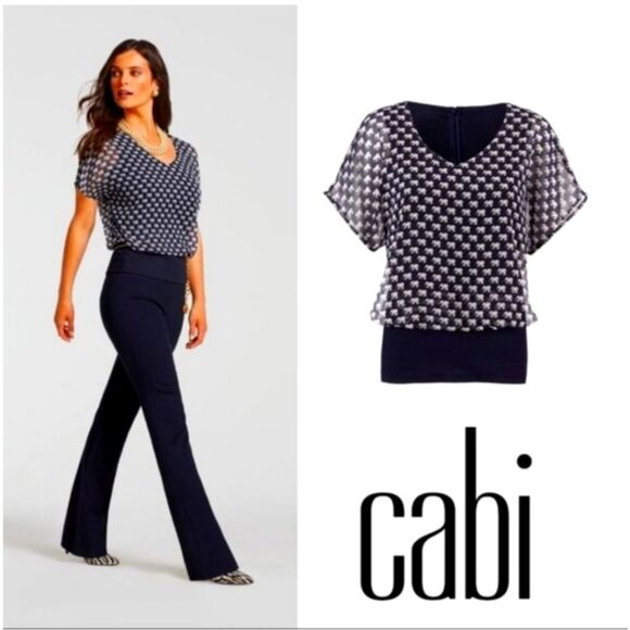 Cabi 5345 Blouse Elephant Parade  Print Navy Blue White Short Sleeve Sheer S - Picture 2 of 12